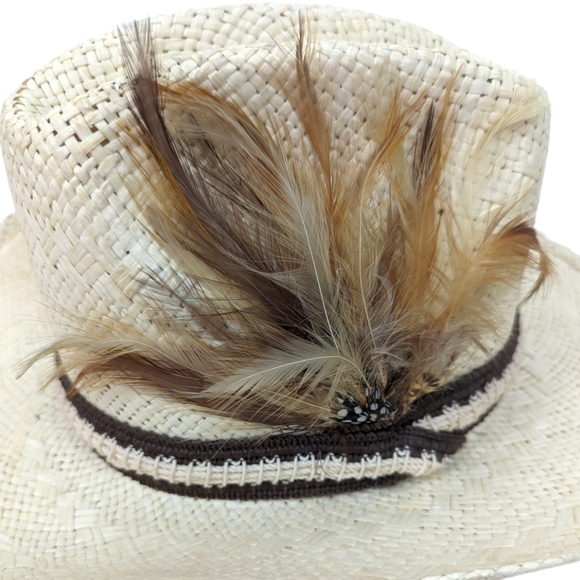 Biltmore Western Cowboy Hat Straw Feather Leather Band 7 1/8 57 cm Ivory Brown - Picture 2 of 13